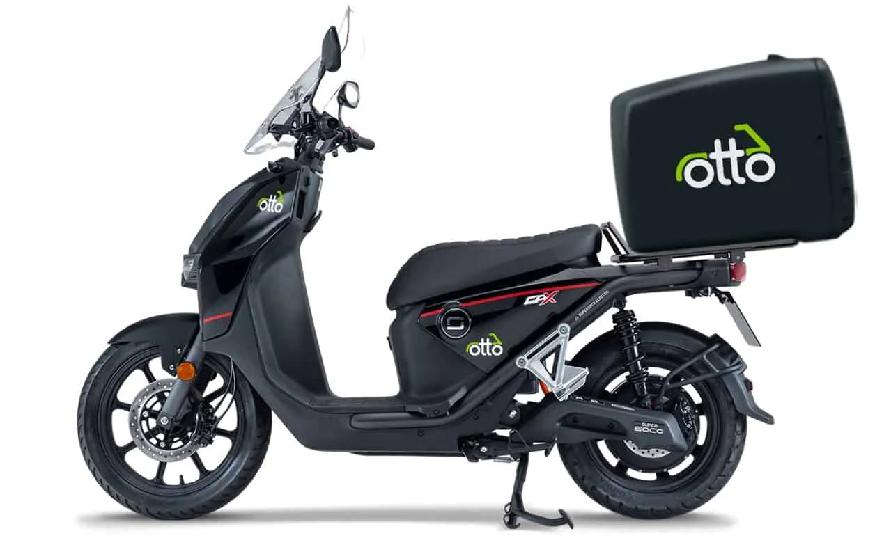 VMoto Super Soco CPx — lateral view with Otto top-box